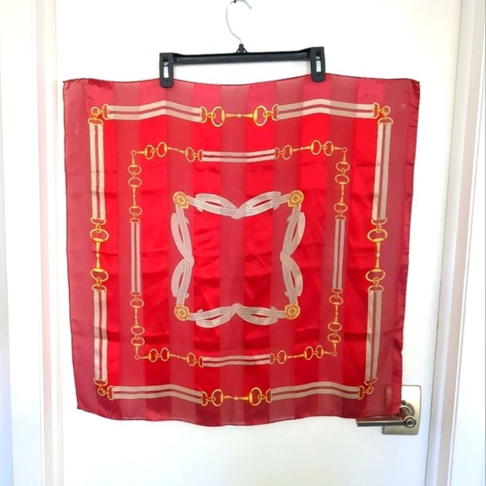 Red White and Gold Chain Print Square Scarf Wrap